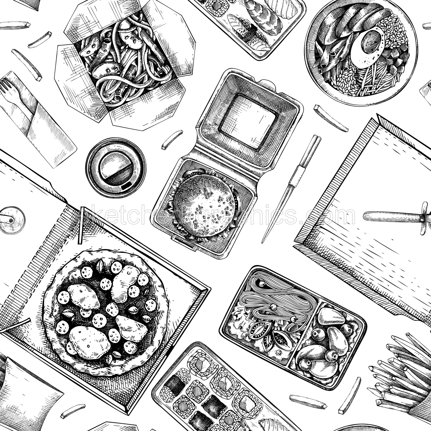 Fast food seamless pattern. Hand-drawn vector illustration. Burger, pizza, poke, sushi, coffee sketches. Takeaway food and restaurant delivery background. Engraved style, top view Illustration